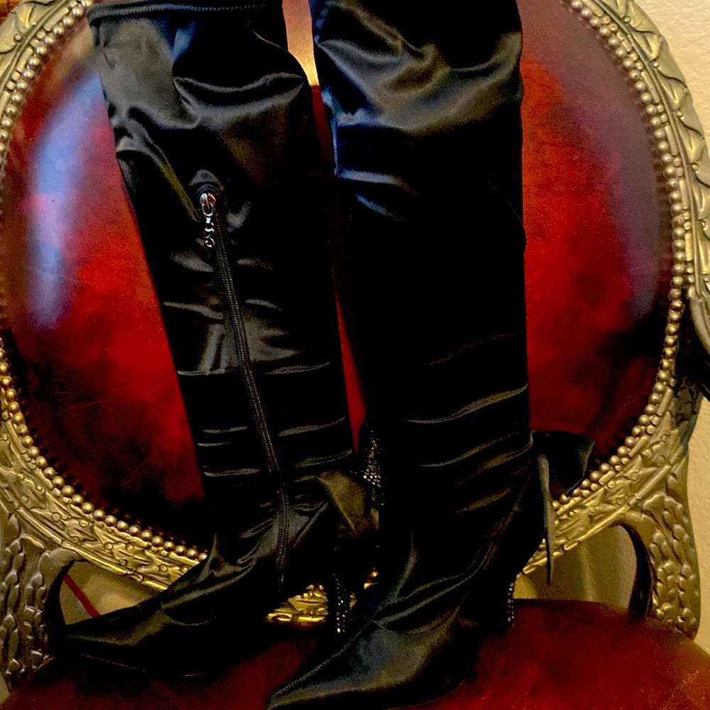 Black satin knee high boots
